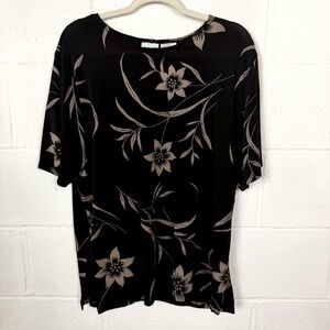 Liz‎ Baker Top Slinky Black Tan Floral Office Career Artsy Layering Bohemian 1X